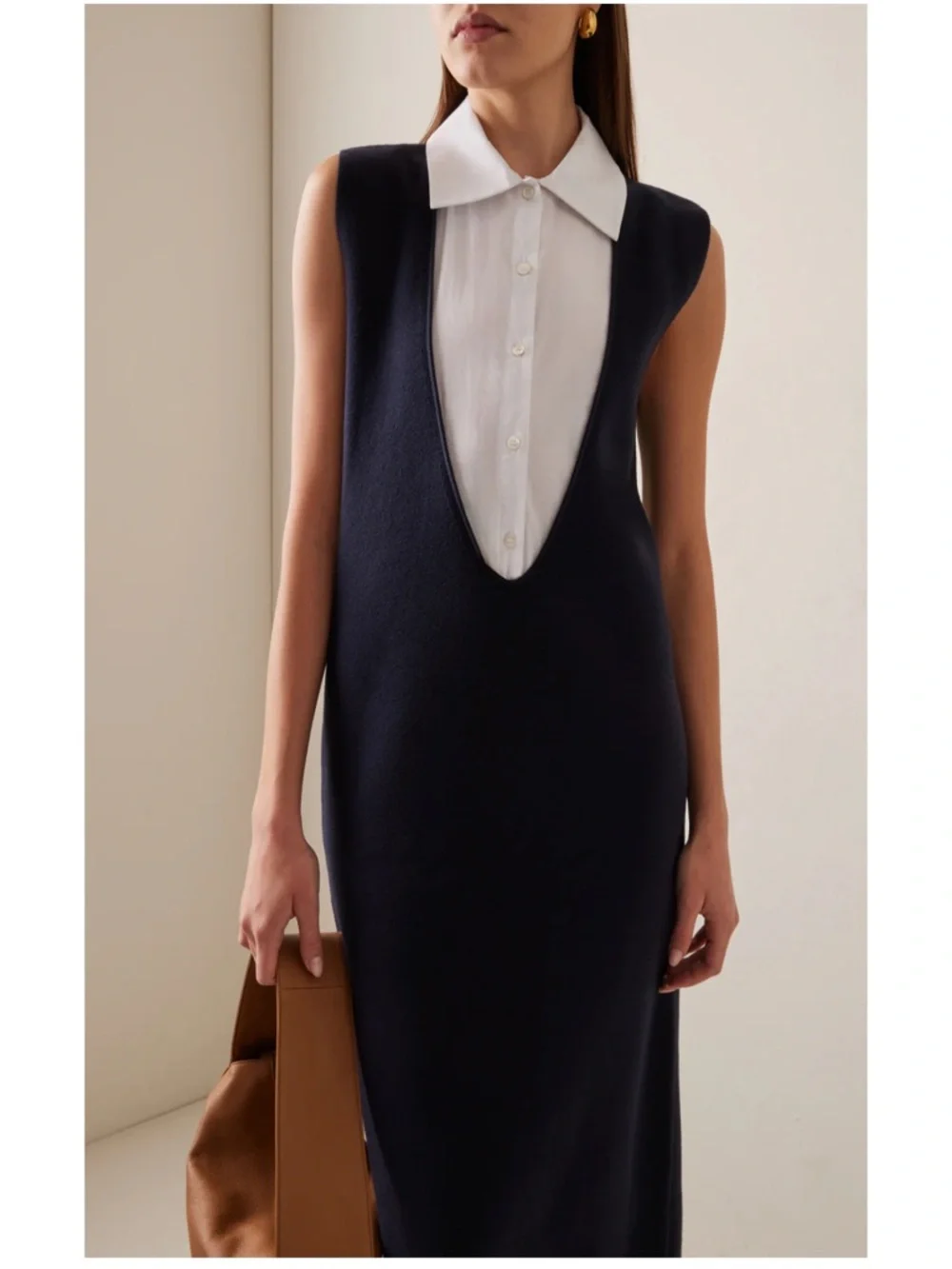 STAUD Navy and White Maxi Dress with Deep V Panel - Picture 1 of 6